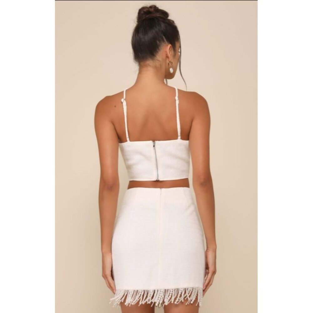 Lulus Boho Sweetly Elite Ivory Tweed Pearl Fringe High-Rise Mini Skirt M, NWT - Picture 11 of 11